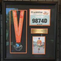 Marathon medal shadowbox Subway marathon race medals, bib and photos in a custom shadowbox